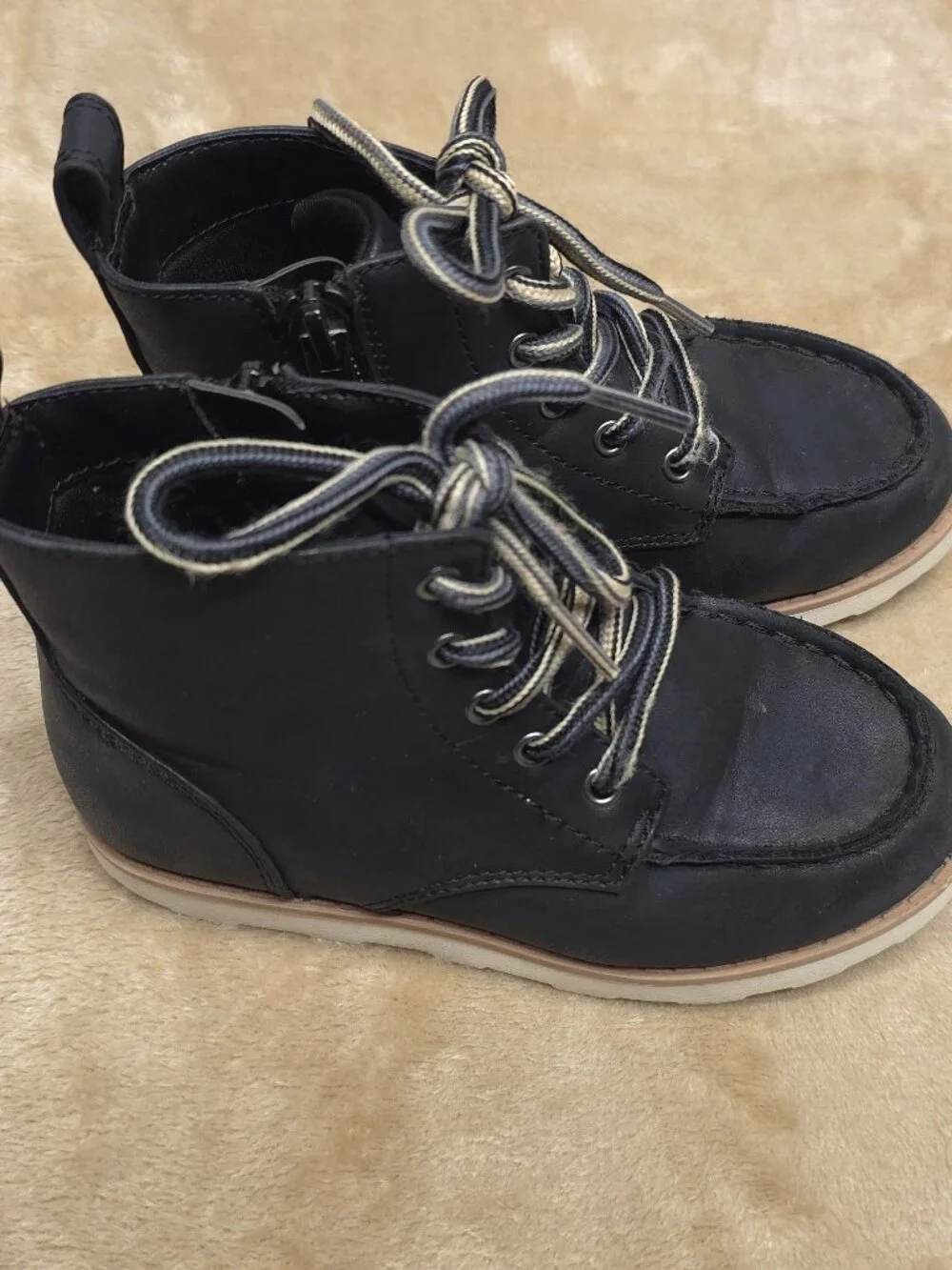 Cat & Jack Kids Size 10 Black Ankle Boots Lace Up Side Zip Moc Toe